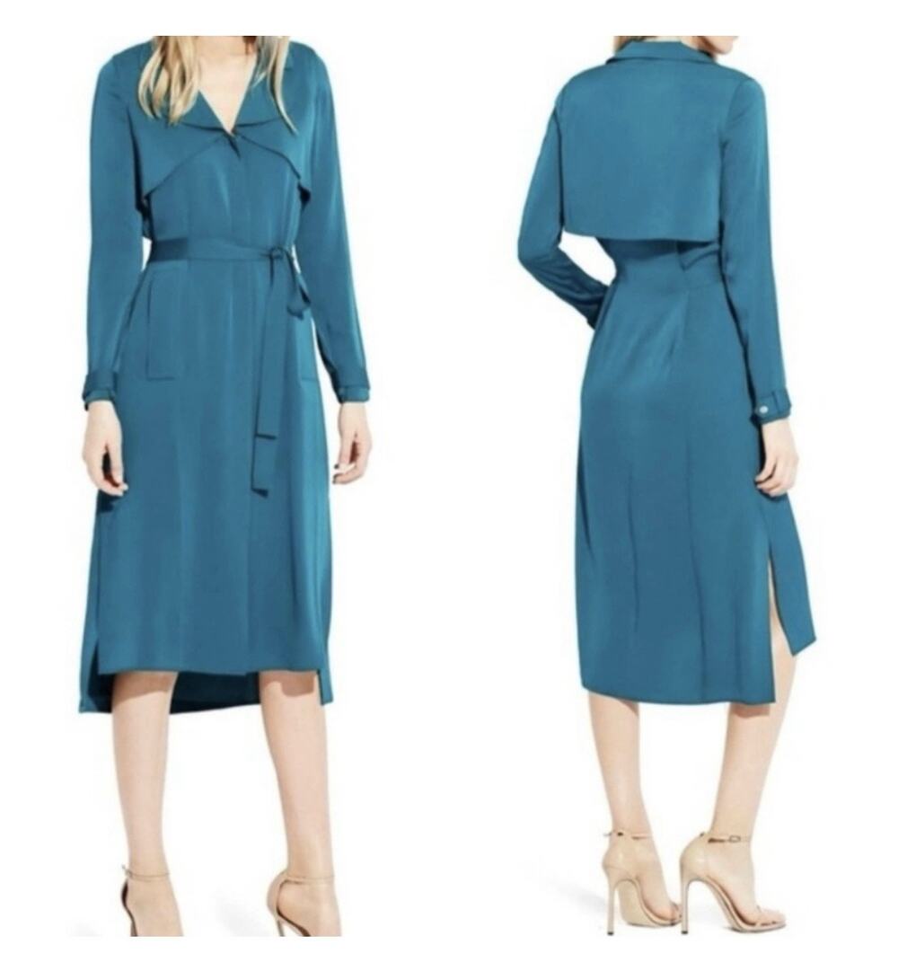 AYR Teal Blue Silk Long Sleeve Belted Midi Trench Dress Size 0